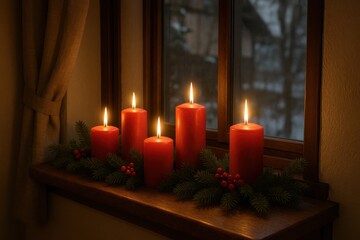 Christmas Candles Glowing on a Japanese Window Sill Creating a Warm, Cozy, and Peaceful Winter Holiday Atmosphere Indoors