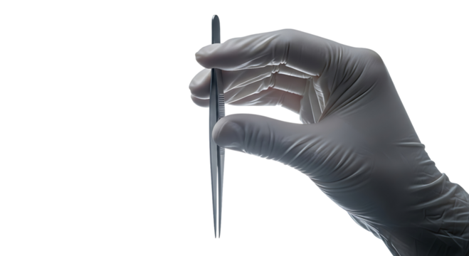 Closeup of a gloved hand holding surgical forceps, isolated on transparent background