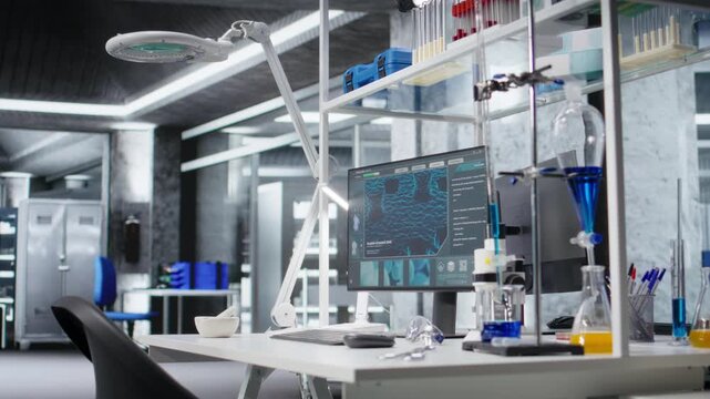 Laboratory desk used for molecular results in empty research facility, high tech tools and modern equipment for microbiology and biotechnology experiments. Advanced clinical testing.