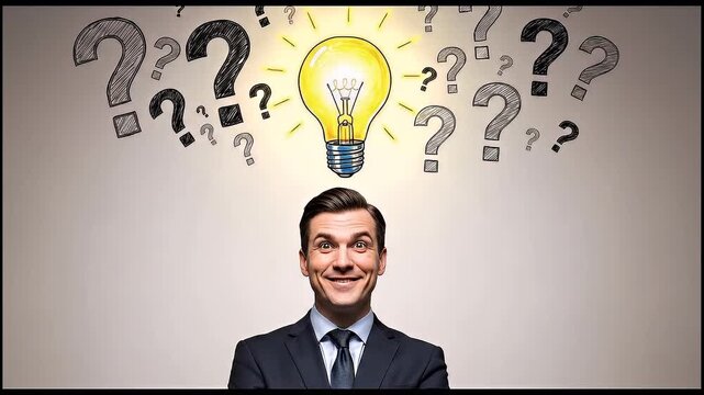 Businessman with lightbulb idea and surrounding queries concept	