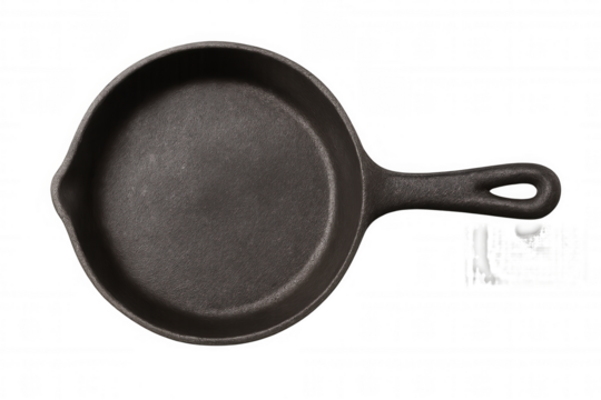 Cast iron skillet frying pan cookware, top view, black metal kitchen utensil for cooking food, rustic style transparent background