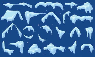 Roof snow caps. Cartoon snowy cap rooftop, snowdrift pile melt icicles christmas village house winter decoration ice border building trees landscape set, neat vector illustration