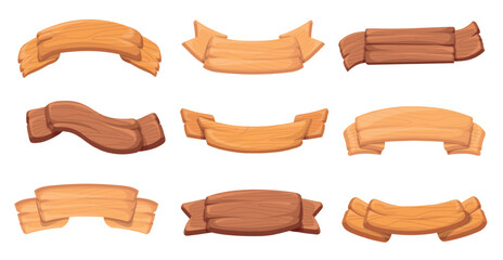 Cartoon wooden ribbons. Wood plank texture rpg game ui banners, rustic farm signboards old announcement panel medieval signs western placard ribbon frame, neat vector illustration