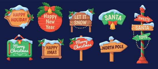 Christmas wooden signs. Cartoon xmas snowy signboards, wood arrow direction signage north pole way to santa pointer noel signpost poles game plank board, neat vector illustration
