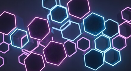 Abstract glowing neon hexagons in a dark, futuristic digital network pattern