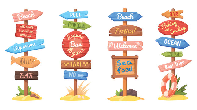Beach signpost. Wooden sign summer swimming beach direction, surf pointers wood arrow signage on post travel way trip road billboard sea signboards cartoon neat vector illustration