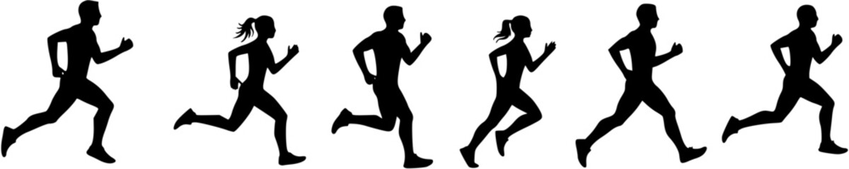 Black Silhouettes of Male and Female Runners in Motion, Representing Exercise, Fitness, and Sport Activities.
