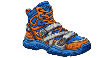 Hightop sneaker with orange and blue accents