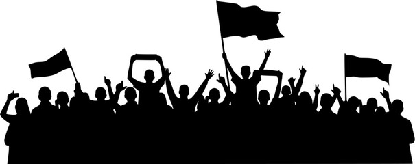 Silhouettes of a diverse crowd cheering or protesting, holding flags and banners with hands raised in unity, depicting a rally, demonstration, or celebration against a white background.