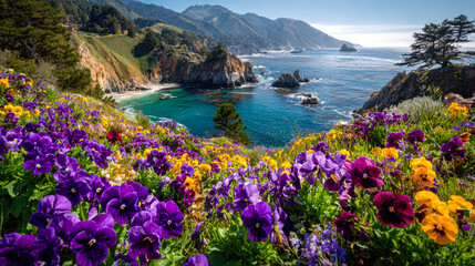 Vibrant coastal landscape with colorful blooming flowers and rugged cliffs by the ocean