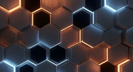Abstract hexagonal pattern with glowing orange and blue light lines in a dark background