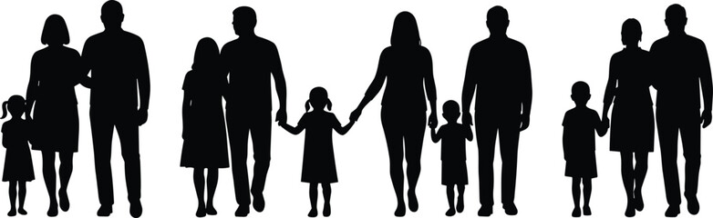Family silhouettes collection, parents and children groups, diverse family structures, walking holding hands together, lifestyle illustration vector art
