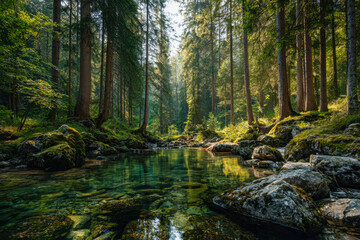 Obraz premium Tranquil forest stream surrounded by lush trees and moss-covered rocks