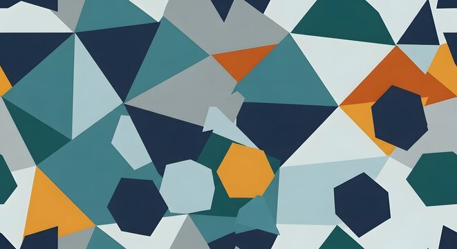 Abstract geometric pattern with triangles and hexagons in blue, teal, orange, and gray