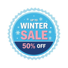 A blue and pink circular badge announcing a winter sale with 50% off.