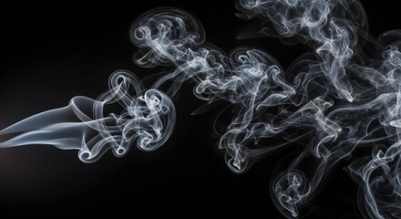 Abstract swirling white smoke trails against a stark black background, dynamic motion