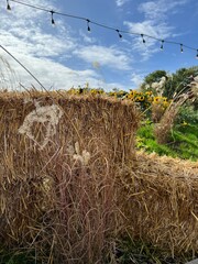 Hay bale pile with decorative string lights softly glowing and blue sky in the background, photographed in a countryside setting often seen during harvest festivals or outdoor farm events.