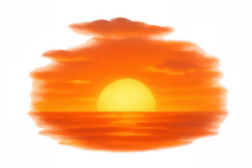 Golden sun setting over ocean horizon creating vibrant orange and yellow sky, transparent background