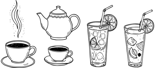 Hand-drawn outline beverages set: hot coffeetea cups with steam, teapot, and refreshing iced lemonade glasses with lemon slices and straws.