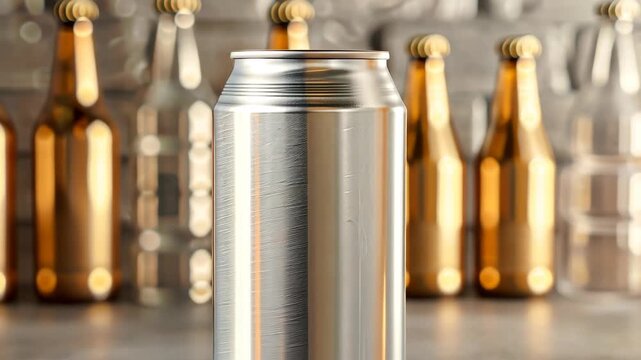 Cool Beverage Presentation: A sleek aluminum can stands proudly, juxtaposed against a row of elegant beer bottles.