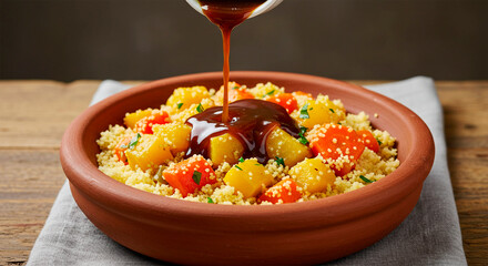 Dark sauce being poured over Moroccan couscous with pumpkin and vegetables in a clay bow