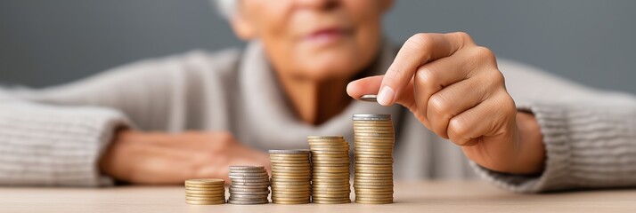 Elderly woman adding coins to growing stacks on table, in soft focus setting with gray background, symbolizing financial insecurity and economic pressure
