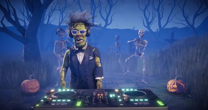 Halloween party. Frankenstein DJ at the mixing console, dancing spooky skeletons in a haunted graveyard. 3D animation for greeting cards, invitations, posters, holiday events, parties