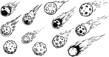 Meteor Shower Sketch: Black and White Cartoon Comets and Asteroids with Trails