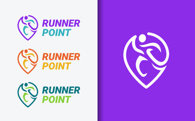 Abstract logo combining a location pin with a running person. Simple, minimalist design for sports, navigation, fitness, and community branding.