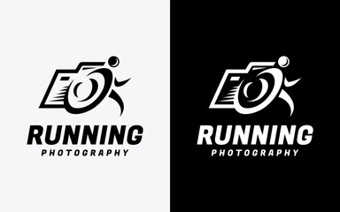 Abstract logo combining a camera and a running person, symbolizing running photography. Modern minimalist design for photographers, running events, creative studios, and sports branding.