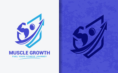Abstract logo of a bodybuilder flexing with shield and upward arrow, symbolizing strength, fitness, and positive progress. Perfect for gym, bodybuilding, and health branding.