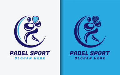 Abstract padel sport logo featuring a player with racket inside a dynamic circle. Modern, simple, and minimalist design for sport, coaching, tournament, or club identity.