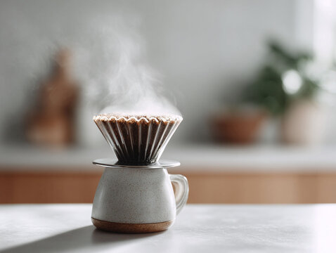 Elegant pourover coffee brewing. Steaming coffee grounds in a stylish glass dripper create a warm, inviting scene. Perfect for cafes, blogs, or lifestyle content.