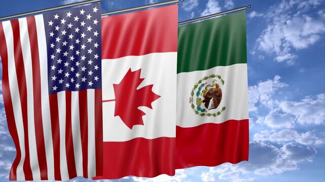 The flags of USA, Canada, and Mexico fly together, representing North American alliance, trade, and diplomacy.