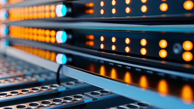 Network Server Rack: A close-up of a network server rack, with its array of lights gleaming, suggesting powerful data storage and processing capabilities.