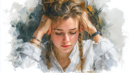 Portrait of a woman with hands on her head and eyes closed in thought