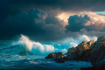 Dramatic ocean waves crashing against rocky cliffs under turbulent storm clouds