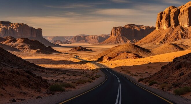 A long winding road stretches through a vast and sunlit desert landscape with majestic rock formations.
