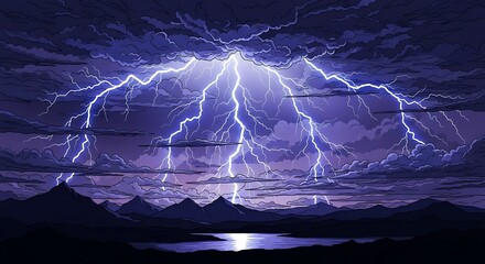 Dramatic Lightning Storm Over Mountains.