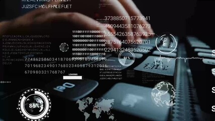 Time lapse of man working on laptop computer keyboard with graphic user interface GUI hologram showing big data science technology, digital network connection and computer programming algorithm. Glean