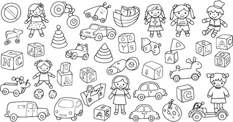 Black and white outline doodle seamless pattern of various children's toys and dolls, including blocks, cars, and other playtime objects.