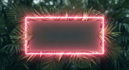 Glowing purple neon frame with tropical palm and monstera leaves. modern, futuristic design on dark background with copy space for summer party invitations, vibrant banners, exotic themes