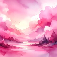 Pink watercolor landscape
