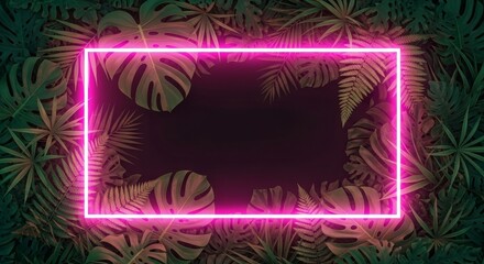 Glowing purple neon frame with tropical palm and monstera leaves. modern, futuristic design on dark background with copy space for summer party invitations, vibrant banners, exotic themes