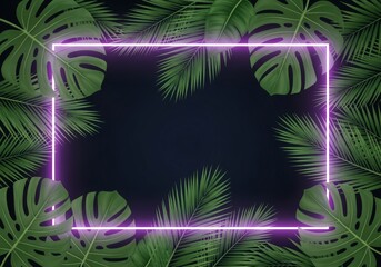 Glowing purple neon frame with tropical palm and monstera leaves. modern, futuristic design on dark background with copy space for summer party invitations, vibrant banners, exotic themes