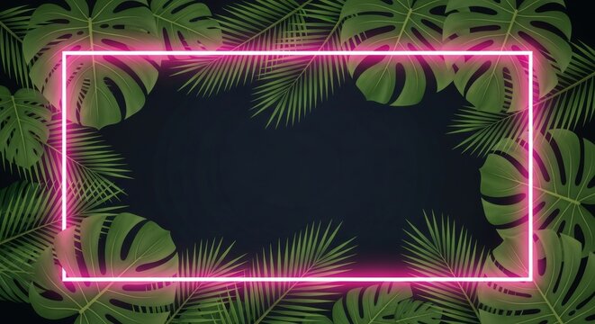 Glowing purple neon frame with tropical palm and monstera leaves. modern, futuristic design on dark background with copy space for summer party invitations, vibrant banners, exotic themes - Powered by Adobe