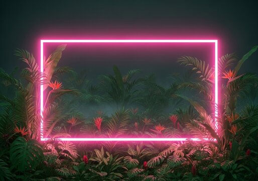 Glowing purple neon frame with tropical palm and monstera leaves. modern, futuristic design on dark background with copy space for summer party invitations, vibrant banners, exotic themes - Powered by Adobe