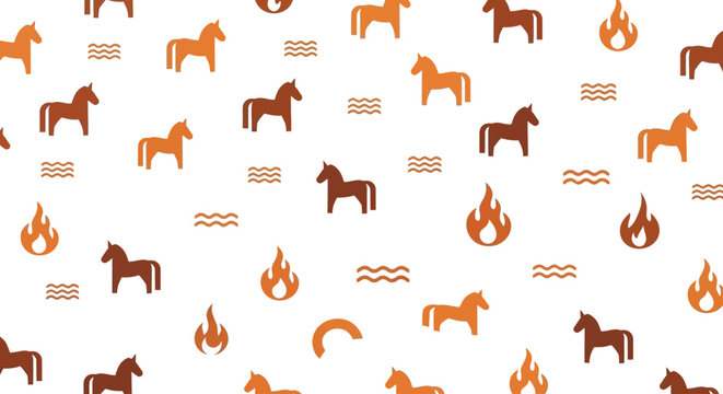 Pattern with horses, flames, and wavy lines on a white background.