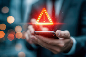 Businessman holding smartphone with glowing red digital warning sign symbolizing cybersecurity risk or urgent alert in technology and communication concept