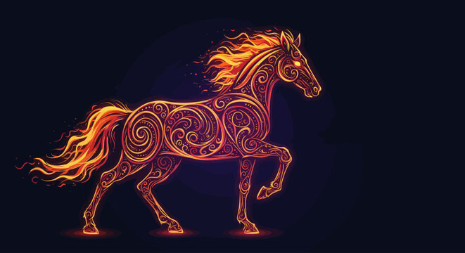 A majestic horse made of swirling fire and glowing light patterns on a dark background.